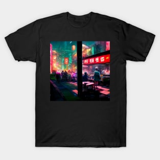 Busy Ramen Stall - Cyberpunk Cityscape T-Shirt